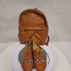 Brown Backpack and Floral Oxford Shoes